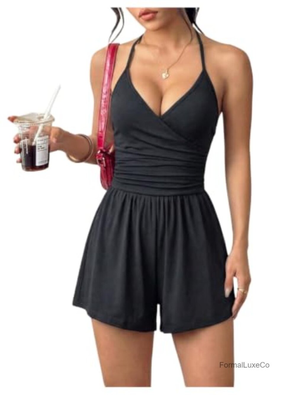 Halter Romper Ruched Wrap Wide Leg One Piece Short Jumpsuit